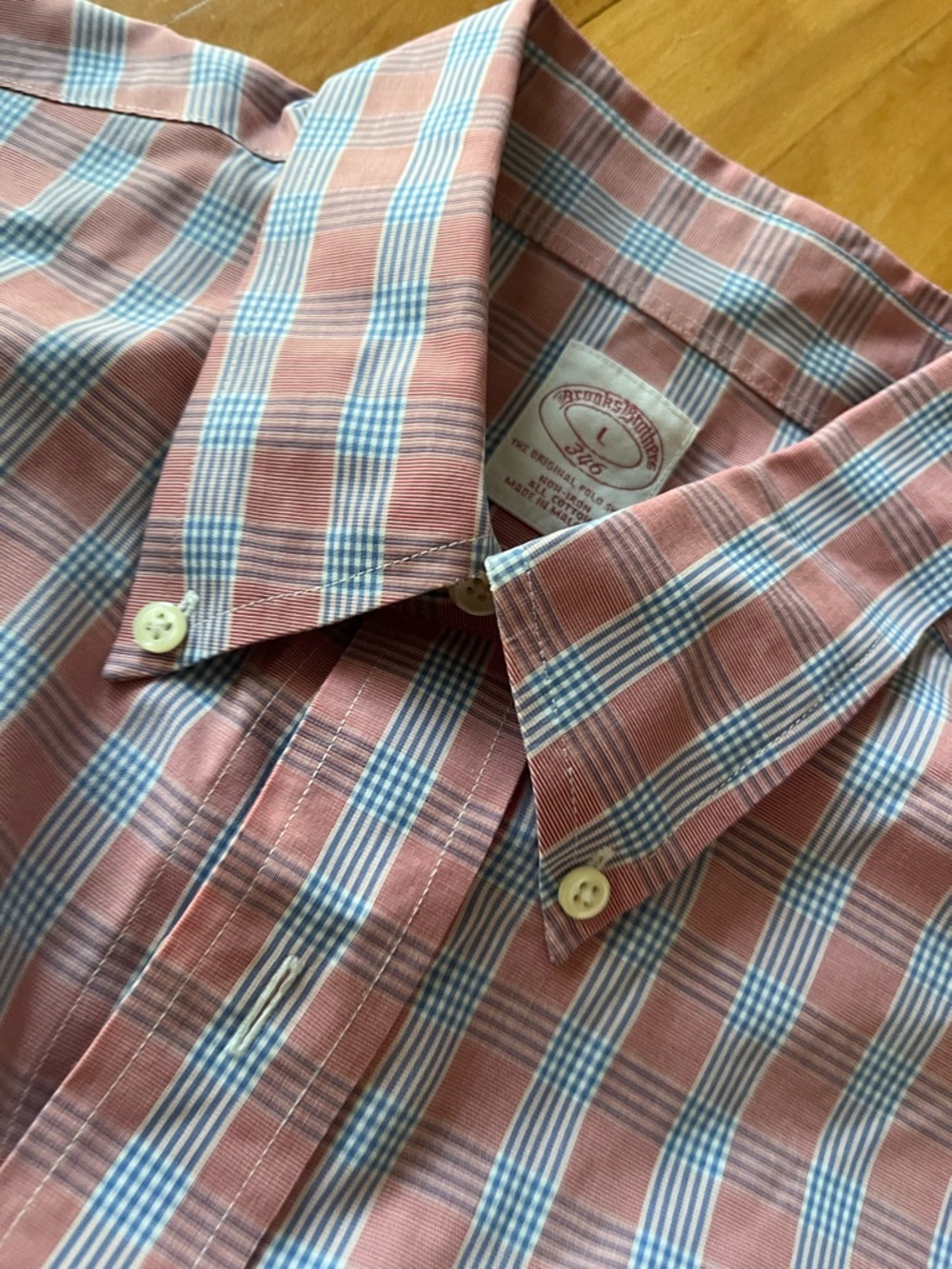 Brooks Brothers Reddish Pink and Blue Plaid Button-Down Shirt